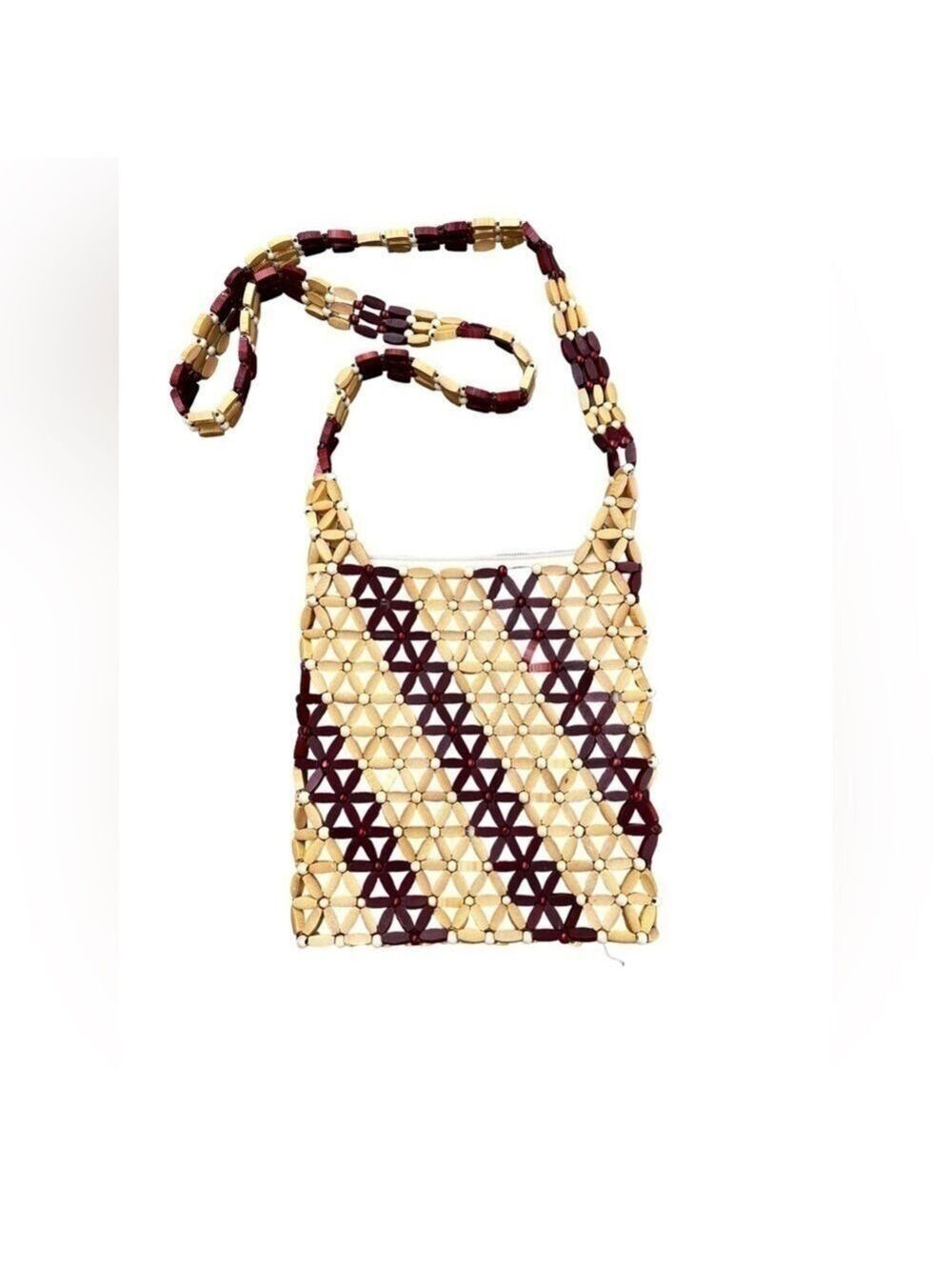 Vintage Boho Floral Wooden Bead Crossbody Purse